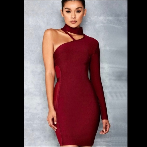 Burgundy Bandage One Shoulder Choker cutout dress - Picture 1 of 11